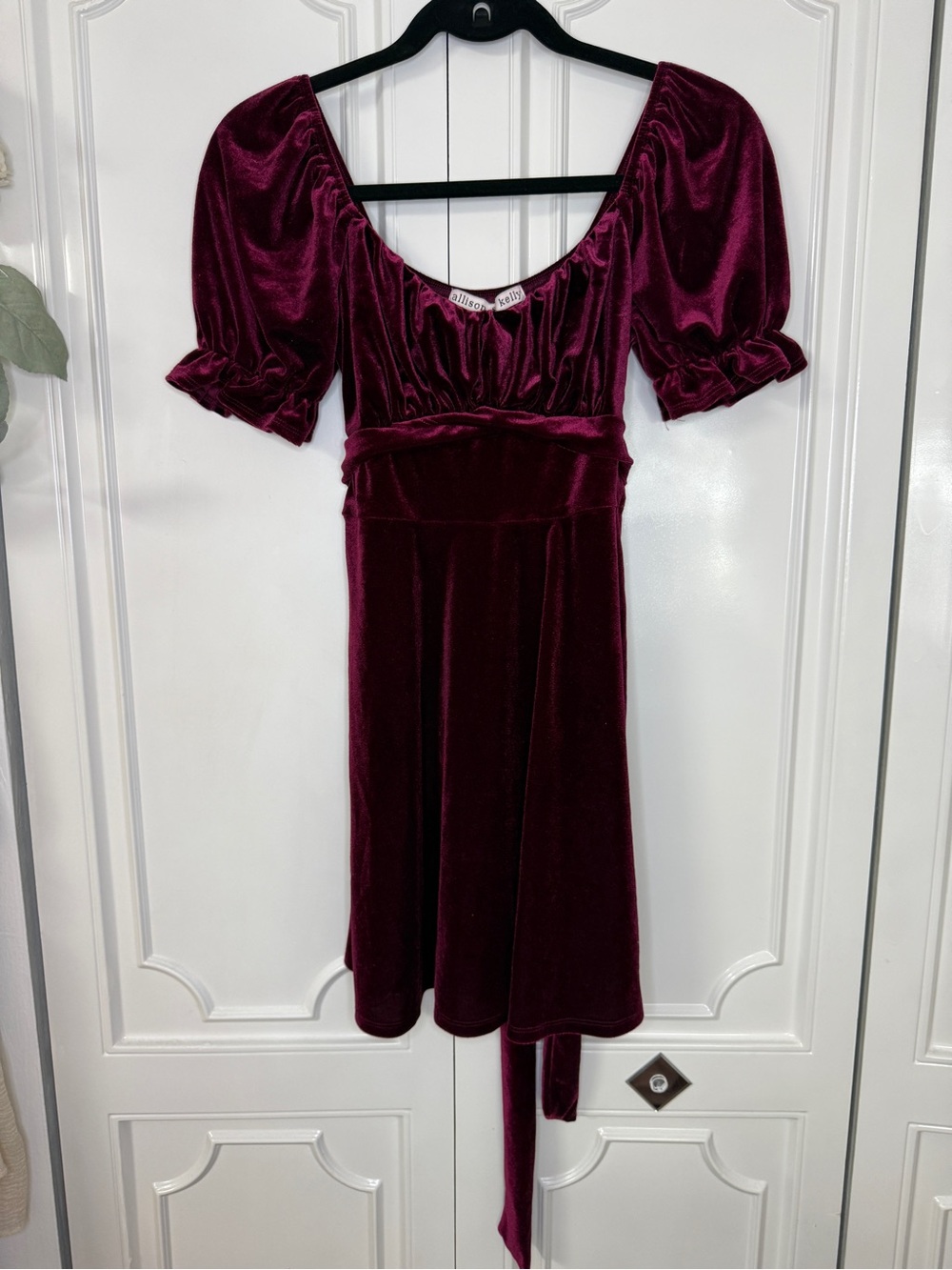 Allison & Kelly Velvet Puff-Sleeve Mini Dress in Deep Burgundy - Small